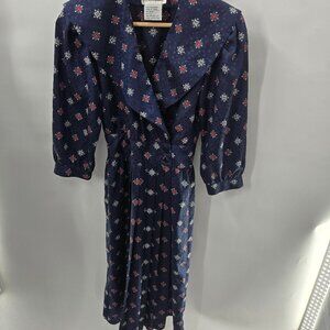 Vintage Petites for Maggy Navy Blue Swiss Dots Geometric Pleated Dress 2p
